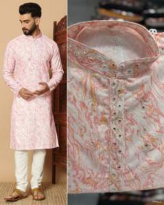 Kurta estampado de algodón de lino para hombre con lentejuelas bordadas, colección de boda india y pakistaní de secado rápido de seda Formal para fiestas - Product Image 4