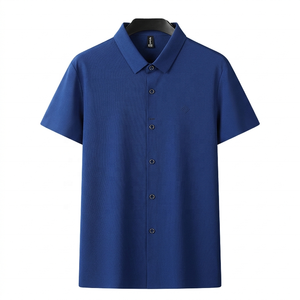 Chemise habillée décontractée pour homme à manches courtes, unie, à col montant, anti-plis, idéale pour l'été. - Product Image 1