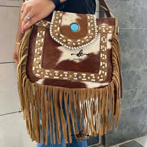 Bất da bò da lông rìa Túi xách thời trang da Purse tóc trên Hide trò chơi đá Bohemian handmade Túi tại Ấn Độ