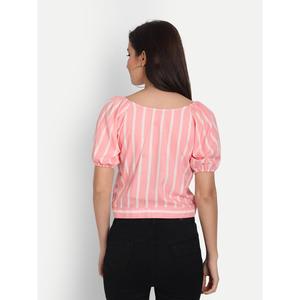 Haut en rayonne popeline rose clair tricoté en coton à rayures verticales, tendance, décontracté, à manches mi-longues pour le printemps-été, tailles XS-XL, avec logo - Product Image 4