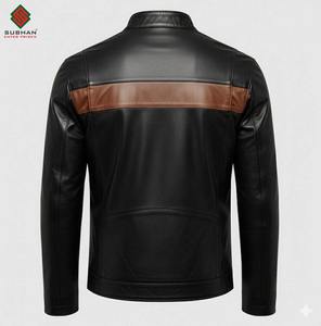 Men's Black PU Leather Casual Winter Biker <b>Jacket</b> Slim Fit Zipper Closure <b>Mandarin</b> Solid Brown Accent Panel OEM Service - Product Image 2