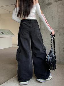 Streetwear Washed Black <b>Baggy</b> Jeans <b>Cargo</b> <b>Pants</b> For <b>Women</b> Clothes Multi Pockets Wide Leg Lady Trousers - Product Image 6