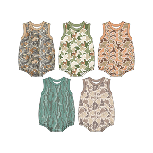 Đặt hàng trước bộ liền thân mùa hè cho bé trai sơ sinh, thiết kế OEM tùy chỉnh, họa tiết lá cây và vịt, không tay, mềm mại, co giãn, kiểu dáng thời trang, có khuy bấm. - Product Image 1