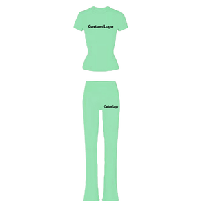 2024 Fold Over Flared Leggings Set Custom LOGO Women Sets High Quality Cotton Shirts Clothing Women Two Pieces Loungewear Sets - Product Image 1