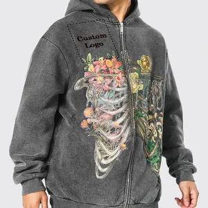 Hot Product High Quality Customized Logo Drop Shoulder Acid Wash Men's Cotton/Bamboo Fiber Zipper Digital Printed Cheap Hoodie