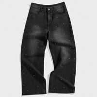 Jean coupe bootcut ample pour homme, gris foncé délavé, orné de strass et de rivets, style Hip Hop, pour soirée et streetwear