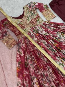 Alta calidad Goldan Lace Border Fancy Floral Impreso Tamaño largo Color brillante Patrón de manga completa Vestido anarkali con conjunto Dupatta - Product Image 6