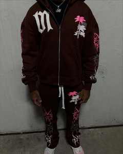 Chándal Vintage de 100% algodón con cremallera, estampado de letras bordadas, logotipo personalizado, jersey de peso pesado, pantalones de chándal, conjunto con capucha XL de invierno - Product Image 4