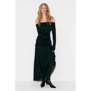 GRIMELANGE BRILLANTE Robe longue à manches longues pour femme, à épaules dénudées, à ourlet ouvert, à double couche, avec détails en maille et fronces - Product Image 3