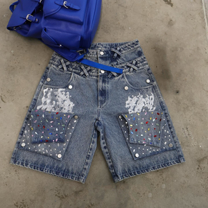 Nouveau short cargo baggy en jean pour homme avec double taille et strass diamantés sur les genoux, fabriqué sur mesure - Product Image 6