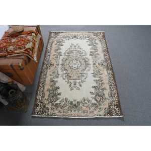 4x6.2 ft Area Vintage Rug, Turkish Rug, <b>Brown</b> White Striped <b>Wool</b> Rug - Product Image 1