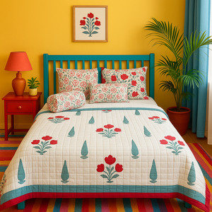 Organic Cotton Jaipuri Hand Block Print <b>Quilt</b> <b>Sets</b> 108\"X90\" Soft Comfortable Floral Kantha Premium Wholesale From India - Product Image 1