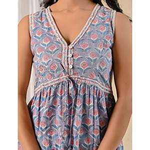 Vestido de Algodón Mulmul con Estampado Blue Butta Block, Cintura Imperio, Estilo Casual Elegante, Transpirable, Personalizado, Largo hasta la Rodilla, Talla 5XL, para el Día - Product Image 2