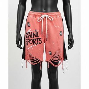 Shorts de Baño de Algodón 330GSM con Lavado Ácido, Paneles Laterales de Malla, Logotipo Personalizado con Impresión Puff, Desgastados y Rotos, Color Rosa Salmón - Product Image 1