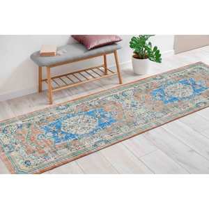 Tapis à motifs bleus et oranges : Tapis antidérapant de style Oushak, tapis en chenille - Product Image 1