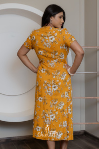 Sunshine Yellow Floral Print Robe d'été mi-longue Écologique Lavable Décolleté en V Taille cintrée Style à plusieurs niveaux Dates courtes - Product Image 6