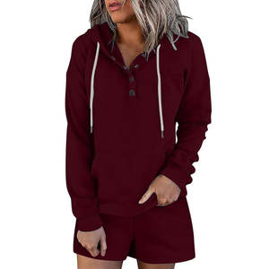 Conjunto de Sudadera con Capucha y Pantalones Cortos para Mujer, Casual, Sólido, de Alta Calidad, Transpirable, Ecológico, de 2 Piezas, para Adultos, para Todas las Temporadas - Product Image 1