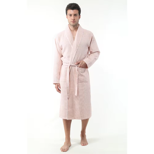 Peignoir de bain à carreaux en coton-polyester unisexe à col châle gaufré avec capuche Vêtements de nuit pour hommes fabriqués en Turquie - Product Image 1