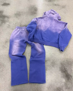 <b>Men</b> Printed Tracksuit and <b>Purple</b> Sweat <b>Suit</b> with Two Zipper Cropped Sets for Cotton Hoodie Custom Embroidery Ripped Design - Product Image 3