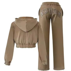 MOVATEXTILE Custom Designer Ladies <b>Embroidery</b> Zip up Acid Wash Crop Sweatsuits Tracksuits <b>Sets</b> Flared Sweatpants and Hoodies <b>Set</b> - Product Image 2