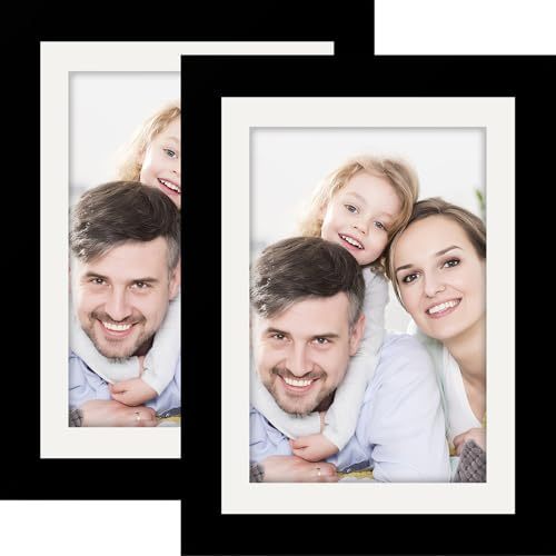 Picture Frames 5x7 2 Pack Solid Wood Black Shatterproof Rectangular for Wall Mounting and Tabletop Display