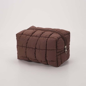 Quilted Cosmetic Bag Medium Size Zipper Closure Brown Portable Travel <b>Case</b> - Product Image 1