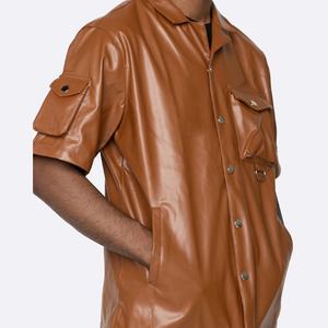 OEM, nouveauté, t-shirt boxy à manches courtes en similicuir personnalisé pour hommes, t-shirt à boutons de coupe décontractée à épaules tombantes pour hommes - Product Image 4