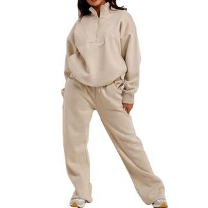 Latest Custom Logo 2 Piece Women Half <b>Zip</b> <b>Sweatshirt</b> & Joggers Tracksuit Set <b>Full</b> Length Women 2 Piece Jogger Sweat Set - Product Image 1