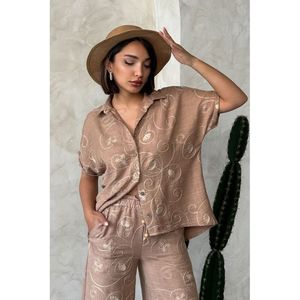 TOPSHOW Wholesale Light Brown Embroidered <b>Linen</b> Shirt for Women, Casual Long Sleeve Blouse with Unique Pattern DSN2 - Product Image 1