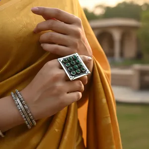 Geometric Cluster Cocktail <b>Ring</b> 925 Silver <b>Jade</b> Bezel Setting Vintage Style Unisex Everyday Wear From Rajasthan - Product Image 2