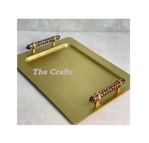 Plateau de service en aluminium couleur or en vrac avec poignées en forme de feuille, taille et forme personnalisées, plateau de service décoratif pour aliments - Product Image 6