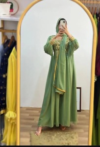 Robe maxi traditionnelle élégante et fluide de couleur vert pastel avec corsage orné de dorure et manches en tulle doux - Product Image 4