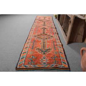 Ethnic Vintage Turkish Rug <b>Red</b> 2.7 X 11.2ft Large Area <b>Wool</b> Latex Rectangular Abstract Patchwork Hallway Design 10mm Room Rug - Product Image 2