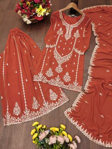 Faux Georgette <b>Silk</b> <b>Fabric</b> Glitter Sequences Embroidery Reversible Moisture Wicking Work S-XXL Size Top Sharara Dupatta Set - Product Image 6