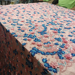 Tissu en dentelle florale multicolore en tulle tissé uni, motif fleur de prunier frais d'été, broderie perlée à la main - Product Image 1