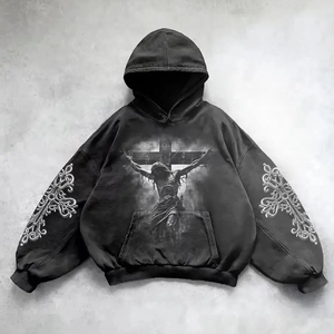 Sweat-shirts personnalisés en gros, effet délavé, 500 g/m², couleur noire, imprimé, à capuche, en coton, style vintage, délavé à l'acide - Product Image 4