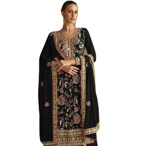Salwar Dupatta pour femme, tissu en fausse fourrure, col rond, broderie, longueur genou, non cousu, design indien moderne, spécial fête riche - Product Image 1