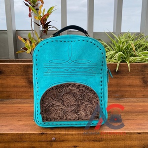 Mochila de punto de bota de cuero de ante turquesa con herramientas manuales, mochilas para ordenador portátil de cuero genuino de lujo para viajes ocultos occidentales - Product Image 1