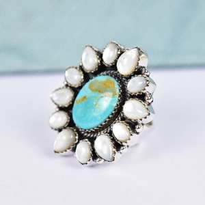 Bague de déclaration réglable en argent sterling 925 avec monture ovale en perle turquoise faite à la main pour la fête des femmes - Product Image 2