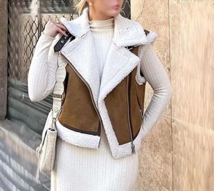 2026 Autumn Female Fashion Faux Leather Lambswool Patchwork Sleeveless Vest Jacket Thickening Warm Zip <b>Waistcoats</b> Coat - Product Image 6
