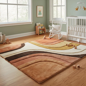 Alfombra Moderna de Mediados de Siglo con Diseño Abstracto |   Alfombra de Lana Anudada a Mano, Estilo Retro Geométrico, Decoración para Sala de Estar, en Terracota, Mostaza y Crema - Product Image 1