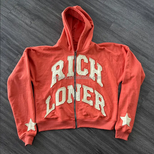 2025 Arikesi Logo personalizado parche desgastado bordado Faded French Terry Hoodie Unisex lavado ácido con cremallera patrón de impresión sólida - Product Image 1