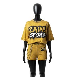 Conjunto de camiseta y pantalones cortos de algodón French Terry para mujer, 240 GSM, suave, transpirable, diseño de paneles, logotipo personalizado con serigrafía, conjuntos para mujer - Product Image 1