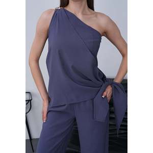 Conjunto de Dos Piezas de Chal Modal para Mujer - Conjunto de Top y Pantalones de Mezcla de Algodón Índigo Cómodo y Elegante para Uso Casual - Product Image 4