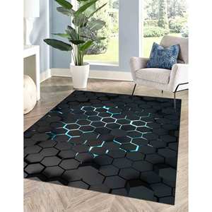 พรมลายเรขาคณิต 3 มิติ สีดำ: พรมพิมพ์ลายรังผึ้งทันสมัย พร้อมพรมขนนุ่ม - Product Image 3