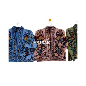 100% Cotton Suzani Embroidery Breathable Eco-Friendly <b>Quilted</b> <b>Jacket</b> Argyle <b>Pattern</b> Full Sleeves Handmade Flowers Unisex Winter - Product Image 3