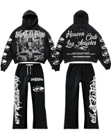 Sudadera Corta con Estampado Personalizado, Lavado Ácido, Completamente Decorada con Pedrería, Pantalones Deportivos Acampanados para Hombre, Conjunto Deportivo de Algodón
