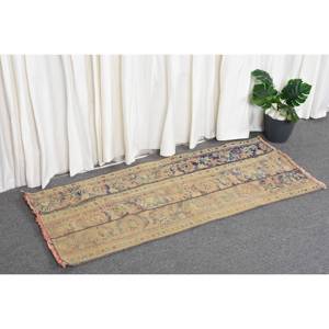 Alfombra turca Beige Vintage de 1,9x4 pies, Alfombra de lana tejida plana con patrón de retazos para decoraciones de sala de estar con respaldo de látex - Product Image 3