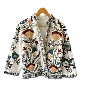Suzani Women's Winter Kimono <b>Robe</b> <b>Coat</b> Handmade Embroidery Quilted Organza Floral Print Vintage Design - Product Image 1