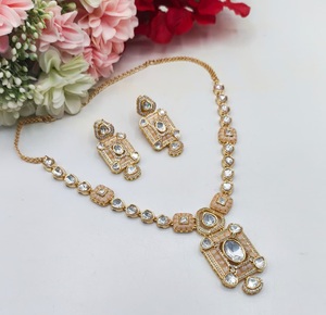 Elegante alta calidad chapado en oro piedra Look diseño Kundan collar pendientes conjunto mujeres tradicional boda compromiso regalo - Product Image 5